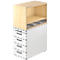 A tall, white filing cabinet with three drawers and an open shelf, light wood on top.