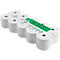 Pack of ten white thermal paper rolls. Label says: 57mm x 30m. Green label on the packaging.