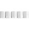 Five white toilet paper rolls, wrapped in foil, arranged in a row.