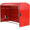 Red bicycle locker with open door. It has round cutouts and crossbars.