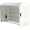 Grey metal cabinet with door and openings; light grey background.