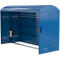 Blue bike shed, with holes and door, for bikes. There is a bracket on the floor.