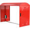 Red bike shed with curved roof and door. On the left side are ventilation slots and a metal box. On the right is a door with holes.