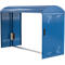 Blue bike garage with a curved roof and door with handle.
