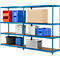 Blue heavy-duty shelving unit with various stored items: containers, boxes, canisters.