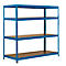 Blue four-tier shelving unit with light brown shelves. Metal frame on white background.