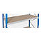 Shelf with blue struts, wooden shelves and wire mesh. Detail of the shelf.