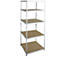 A white metal shelf with five wooden shelves. It stands against a white background.
