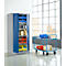 Gray metal cabinet with blue doors filled with containers and trolley with utensils.