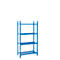 Blue shelving unit with four tiers, set against a white backdrop. Features grid shelves and rectangular frame legs.