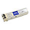 Addon SFP-Transceiver-Modul in Metalloptik mit blauem Aufkleber auf weißem Hintergrund.