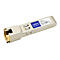 Silbernes AddOn SFP-Transceiver-Modul mit blauem Etikett und RJ-45-Anschluss auf weißem Hintergrund.