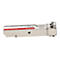 Metallenes SFP+ Glasfaser-Transceiver-Modul mit weißem Etikett vor weißem Hintergrund.
