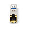 Silbernes SFP-Modul mit goldener RJ45-Netzwerkbuchse und blauem Addon-Logo auf weißem Grund.