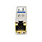 Ein silberner 10G-SFP-Kupfer-Transceiver mit einem RJ45-Anschluss vor weißem Hintergrund.