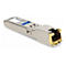 Ein metallisches SFP-Transceiver-Modul mit RJ45-Anschluss und blauem AddOn-Etikett vor weißem Hintergrund.