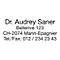 Business card with information: name, address and phone number.