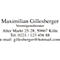 Business card with the name 'Maximilian Gillesberger', wealth advisor. Address, phone number, and email.