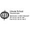 Logo: Globe with longitudinal and transverse struts, lettering Ursula Schulz Translations, address and contact details.