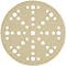 Round beige sanding disc with numerous white perforations.
