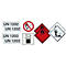 Labels with dangerous goods symbols and UN numbers, including "UN 1202" and "UN 1203".