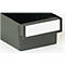 Gray rectangular storage bin with white label field.
