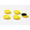 Yellow, round stamp pads and one open pad with black ink on a white background.