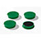 Four green, round magnets. One shows the black magnetic surface.