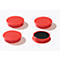Four red, round magnets on a white background. One is open, showing a black felt. Each has a logo.