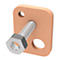 A square copper-colored sheet with a bolt, a nut and two holes. The sheet has a white border.