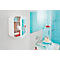 White bathroom cabinet on a wall, door open. View into a light blue tiled bathroom with a mirror.