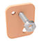 Close-up of a square, copper-colored plate with rounded corners, into which a screw and a nut are screwed.