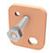 A square copper-colored plate with two holes, through which a screw and a nut go. The plate has a white border.