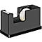 A black tape dispenser, with transparent tape. The tape is already unrolled and ready.
