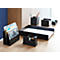 Black acrylic office set, including letter stand, pen holder, tray, tape dispenser, notepad holder.