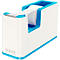 White and blue Leitz tape dispenser. Tape roll, serrated blade, blue accents.