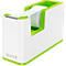 White and green tape dispenser with LEITZ logo. A roll of tape is inserted, a strip is being unrolled.