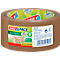 Brown packing tape labeled with 'tesa PACK ECO & STRONG'. Label with product information and eco-friendly logos.