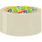 Roll of transparent tape. Printed inside: red logo, green leaves, text. Smooth, light exterior.