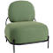 A green armchair with a black metal frame. The seat and backrest are upholstered. The chair has a modern design.