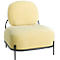 Yellow armchair with black frame. Padded seat and backrest.