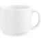White ceramic mug with handle. The mug has a short foot and is standing upright.