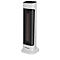 Chauffage tour blanc avec grille noire et surface de chauffage marron.