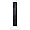 Chauffage tour blanc, grille noire, sur socle blanc.