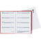 Agenda rouge ouverte avec semaines de calendrier et pages de notes. À droite, une feuille blanche avec des symboles.