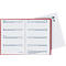 Carnet rouge ouvert avec des pages de calendrier. Dates de fin mars, début avril. Page volante avec symboles.