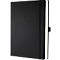 Cahier noir avec surface nervurée, gaufré 2026, bande élastique noire et bordures de pages blanches.