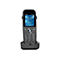 Schwarzes AGFEO DECT 44 IP Schnurlostelefon in seiner Ladestation vor weißem Hintergrund.