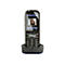 Schwarzes AGFEO DECT 70 IP Schnurlostelefon in Ladeschale mit Display-Anzeige einer Türsprechstelle.