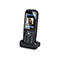 Schwarzes AGFEO DECT 70 IP Schnurlostelefon in Ladeschale, Display zeigt Anruferbild und Menüoptionen.